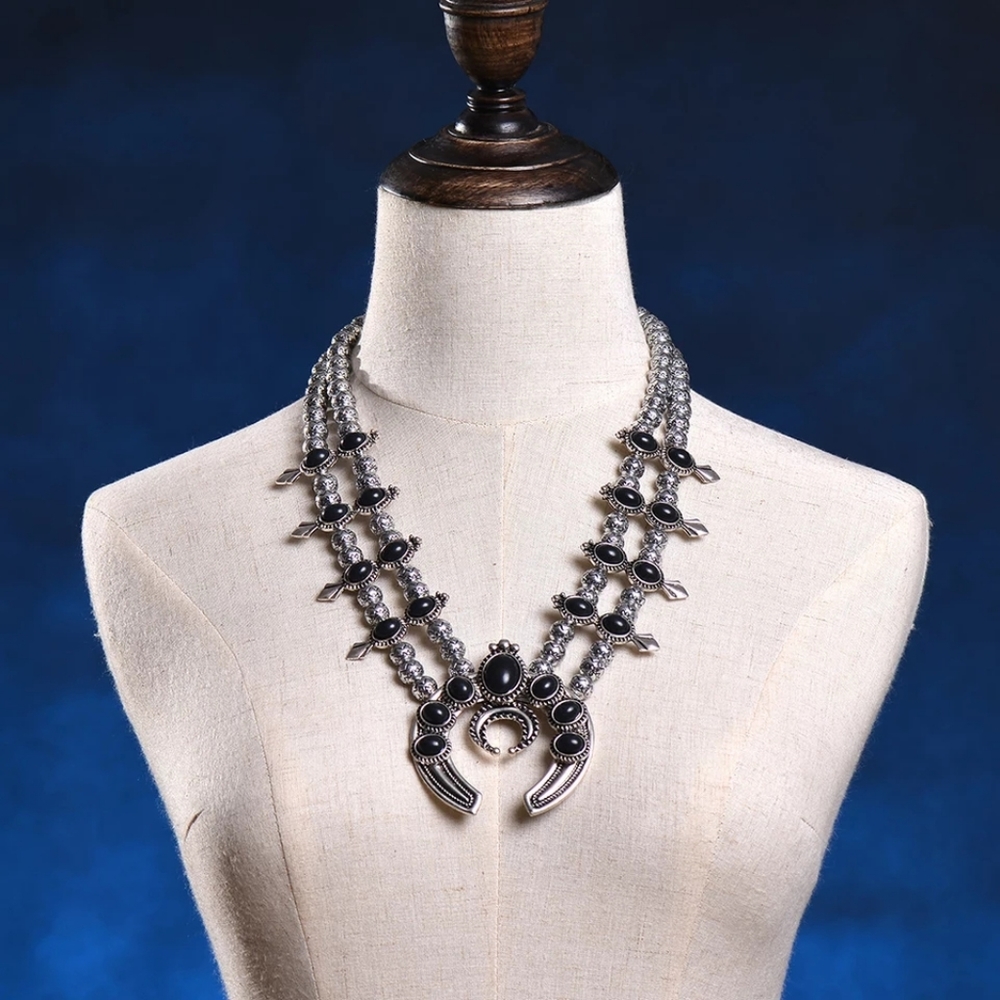 Black onyx and silver Squash Blossom necklace